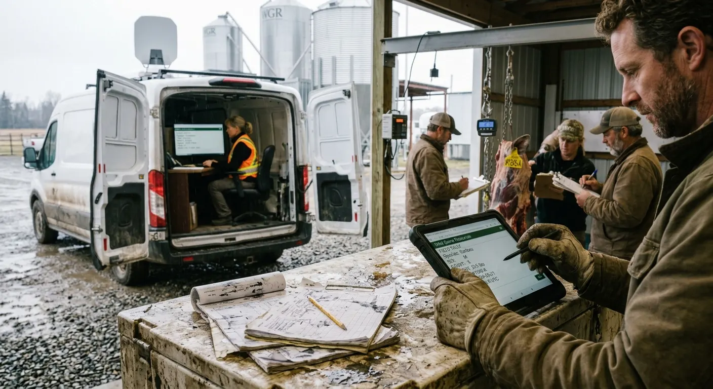 Field harvester submitting wild game tallies on mobile smartphone in paddock