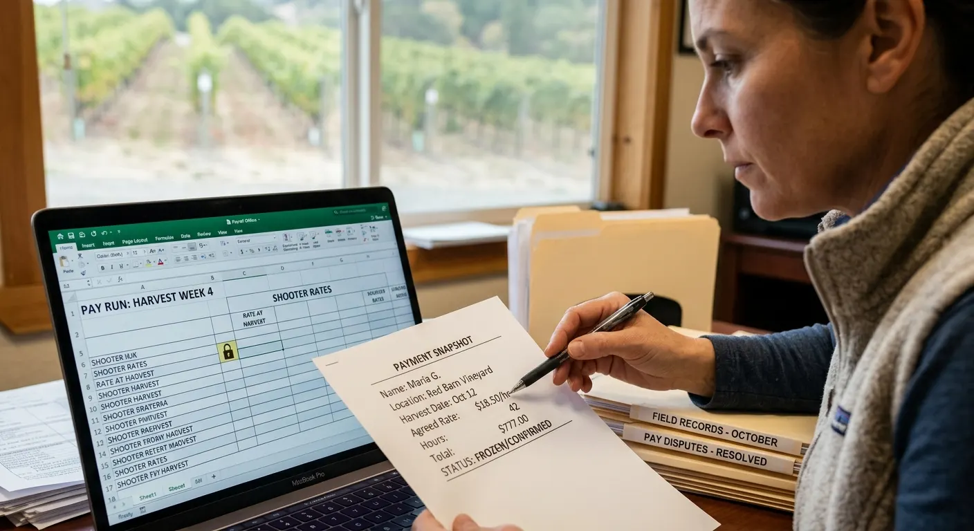 Digital accounting dashboard showing automated pay run calculations with frozen rate snapshots