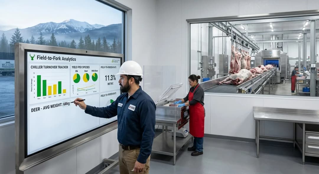 Operational reporting dashboard showing season harvest metrics, yield ratios, and plant analytics